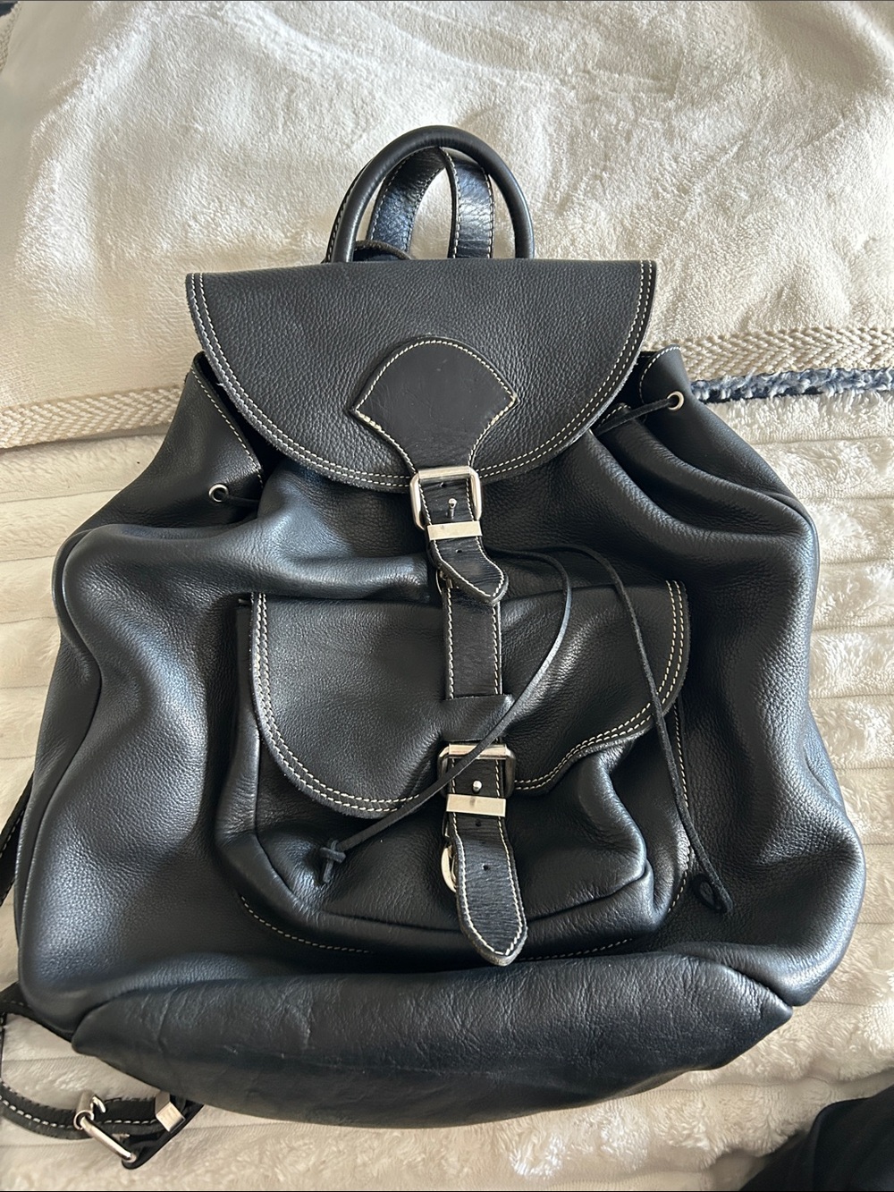 Black Leather Men's Roots Backpack with Silver Hardware